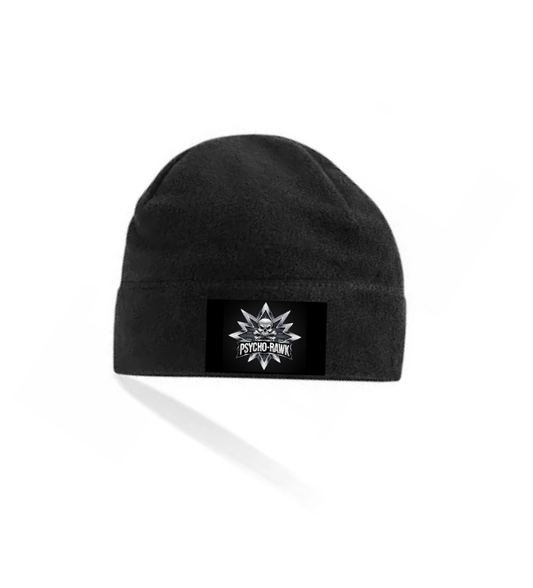 Black beanie with a logo on a white background